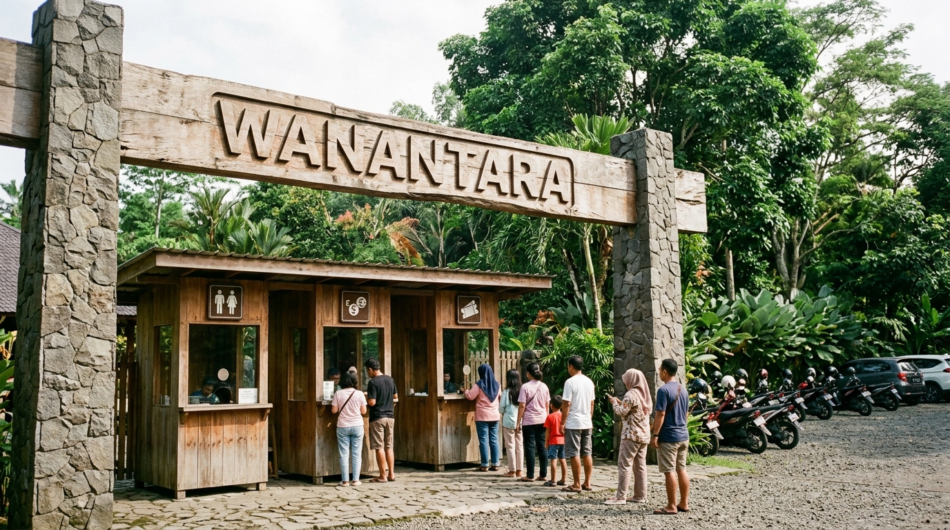Gerbang utama Wanantara dengan loket tiket dan area parkir