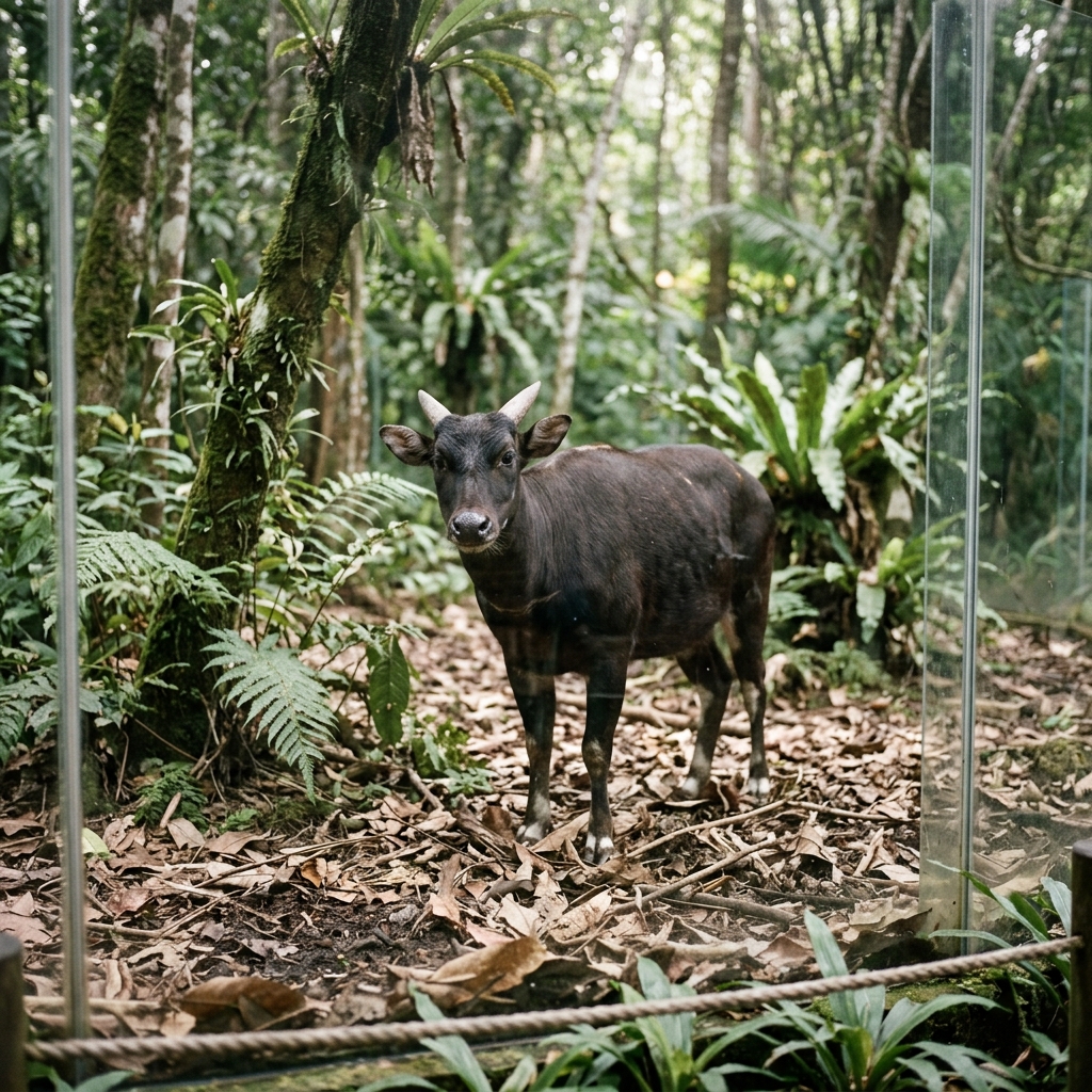 Anoa dataran rendah berdiri di lantai hutan berdaun kering