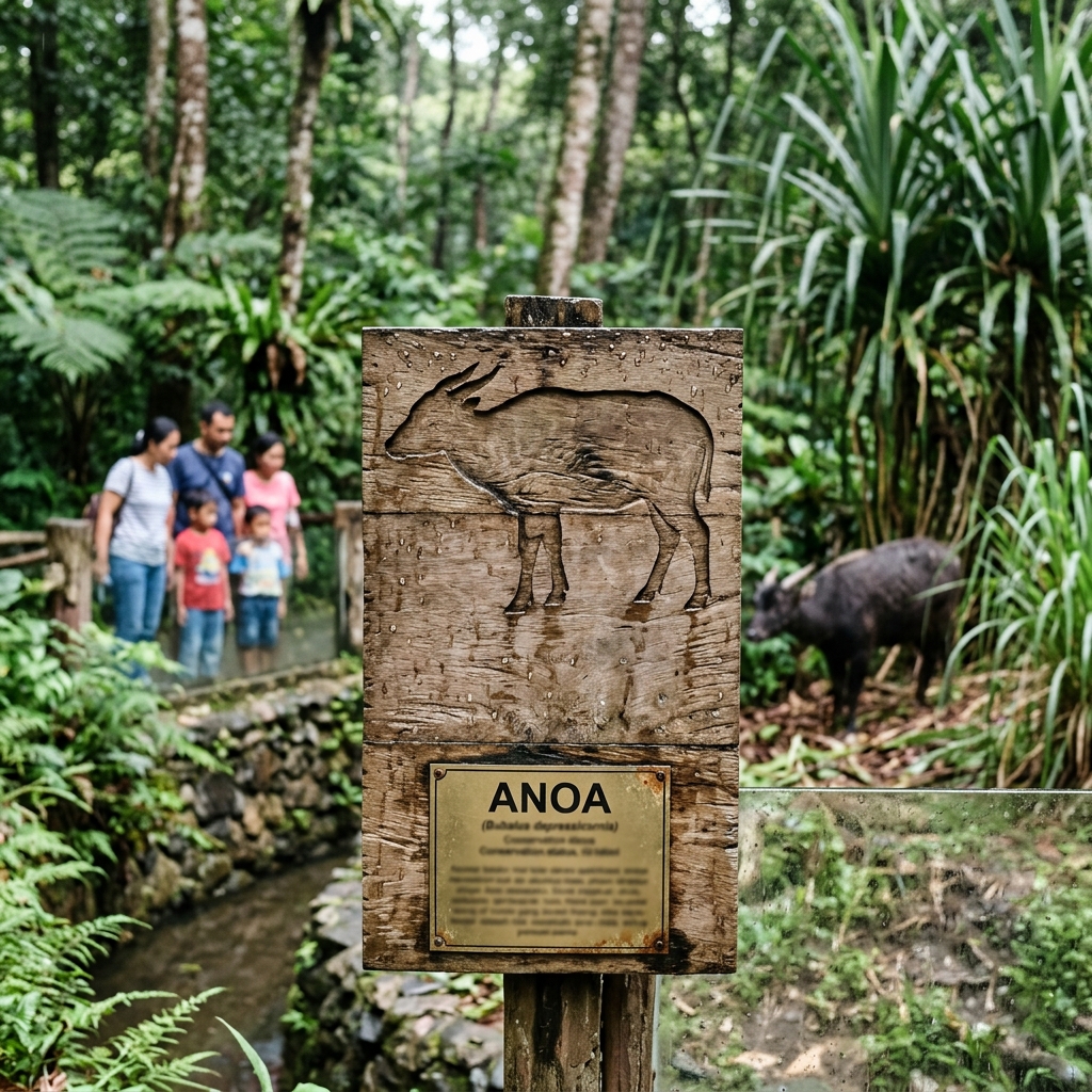 Papan informasi kayu tentang anoa di jalur pengunjung