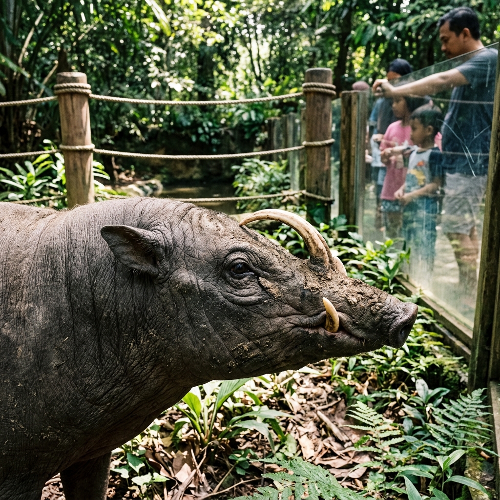 Potret kepala babirusa jantan dengan taring melengkung