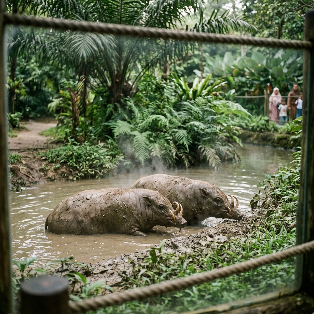 Dua babirusa berkubang di pagi hari