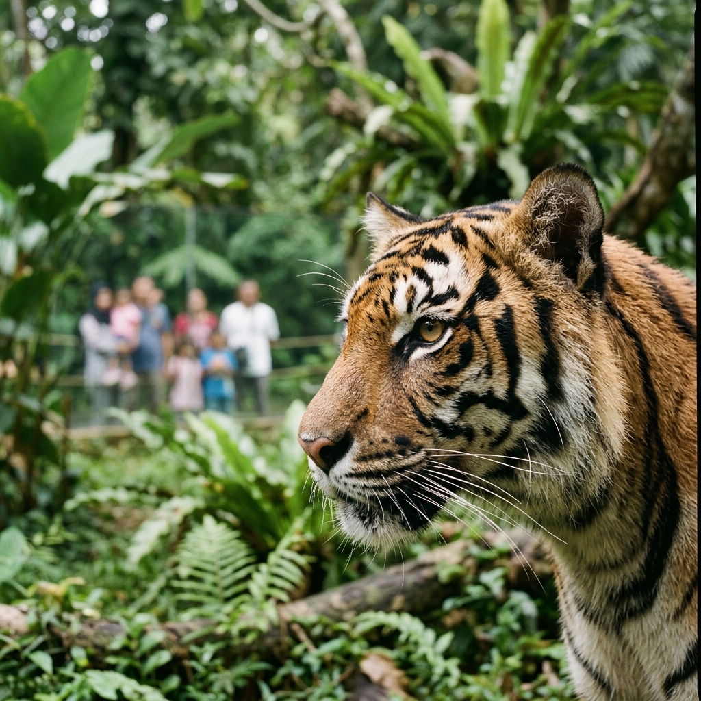 Harimau Sumatra menatap ke arah kamera di antara vegetasi