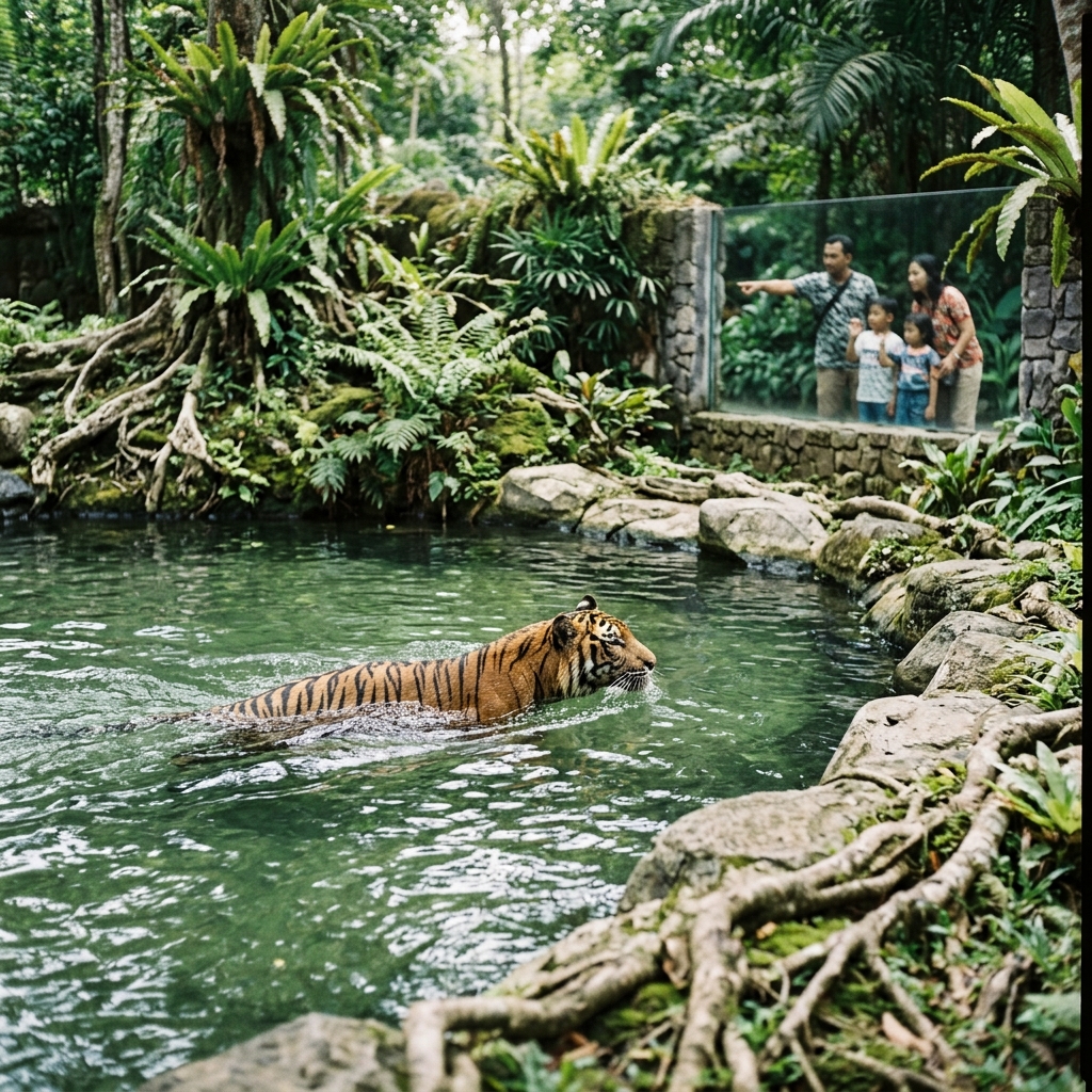 Harimau Sumatra berenang di kolam enclosure