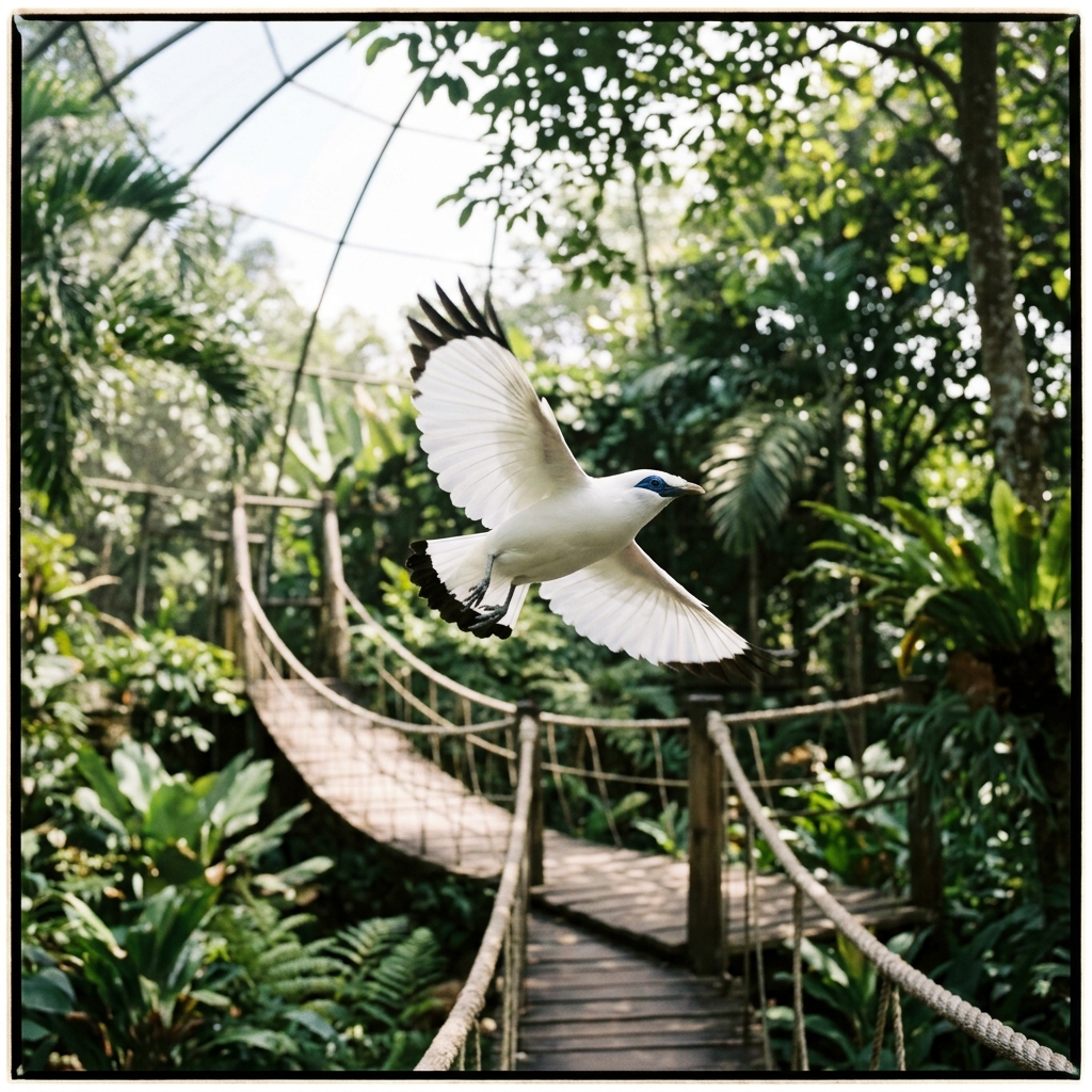 Jalak bali terbang melintas di dalam aviary walk through