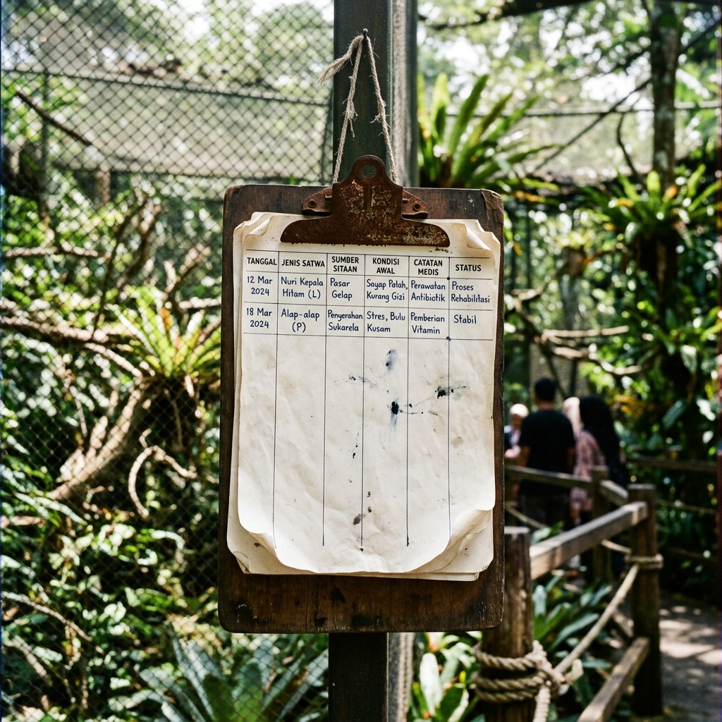 Papan catatan kayu berisi riwayat satwa sitaan di aviary