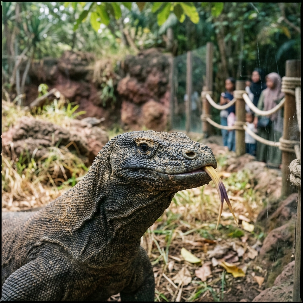 Komodo menjulurkan lidah bercabang kuning