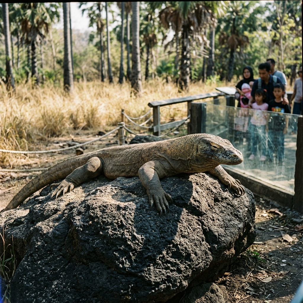 Komodo berjemur di atas batu vulkanik pagi hari