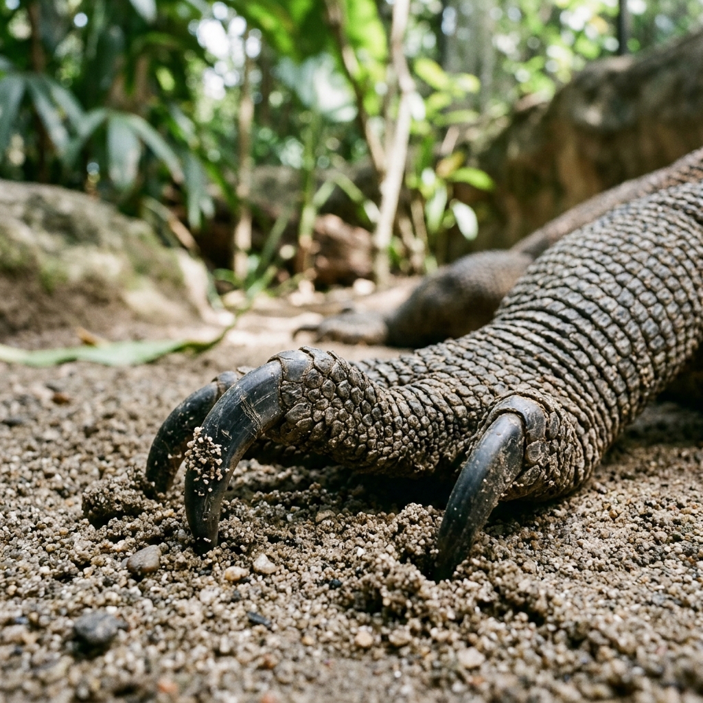 Detail makro cakar dan sisik kaki komodo