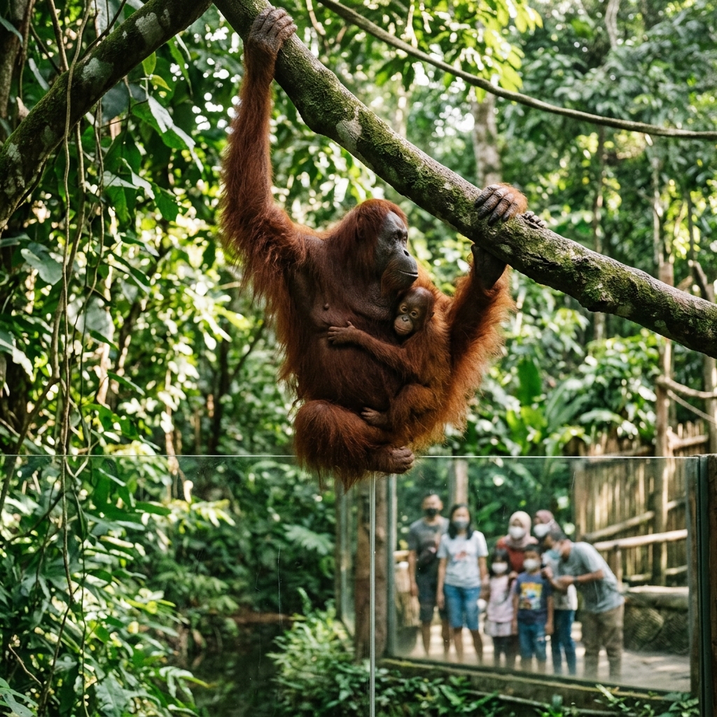 Induk orangutan Sumatra menggendong anaknya di dahan