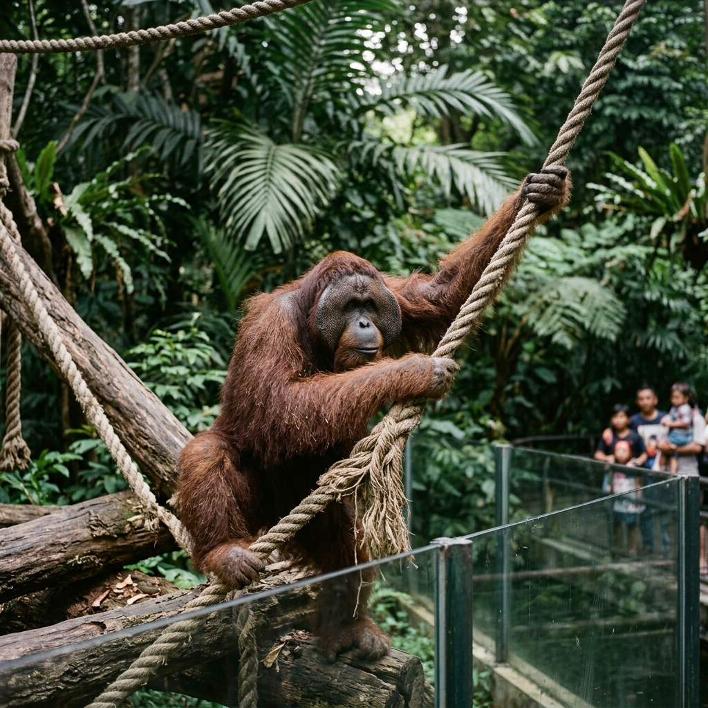 Orangutan jantan memanjat struktur tali di enclosure