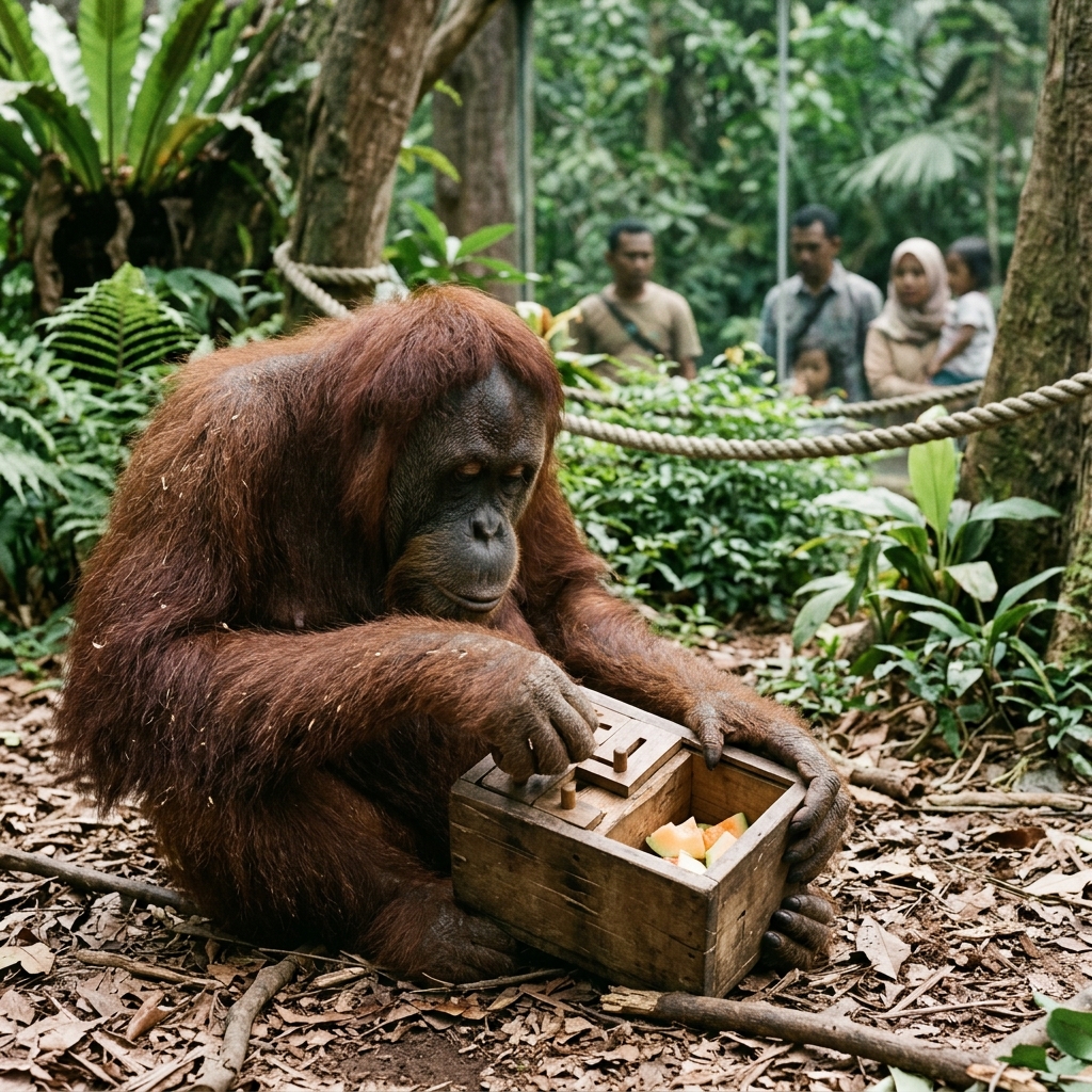 Orangutan membuka kotak teka teki berisi buah