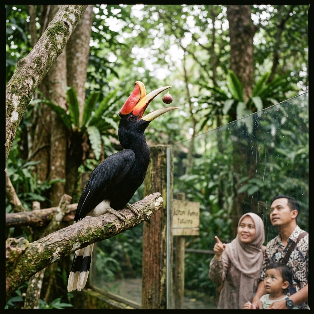 Rangkong melempar potongan buah ke udara sebelum menelannya