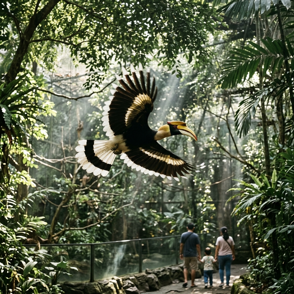 Rangkong badak terbang melintas di bawah kanopi aviary