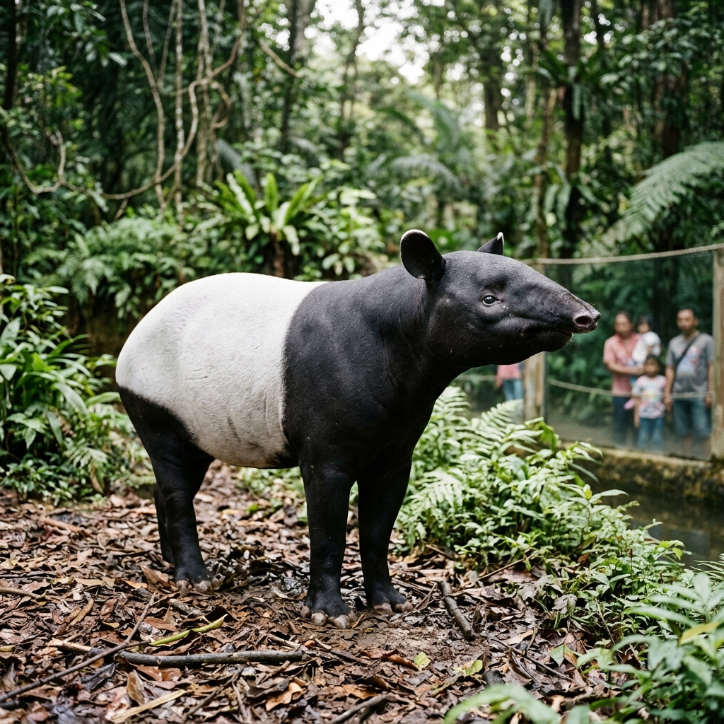 Tapir Asia berdiri menyamping menunjukkan pola hitam putih