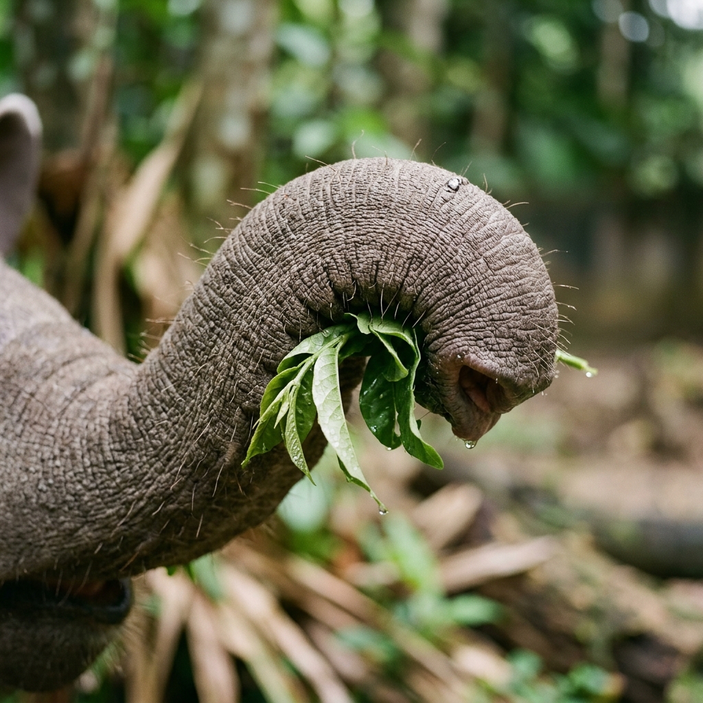 Detail belalai tapir meraih pucuk daun
